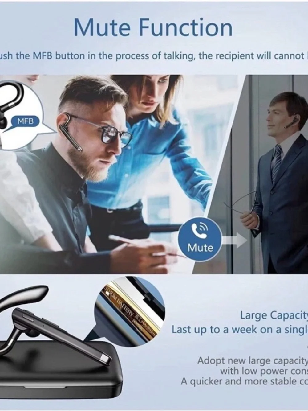 Sleek Black Bluetooth Ear-Hook Headset with Charging Case